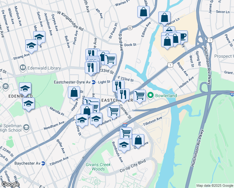 map of restaurants, bars, coffee shops, grocery stores, and more near 3625 Provost Avenue in Bronx