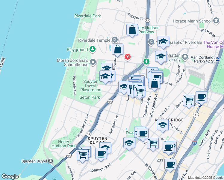 map of restaurants, bars, coffee shops, grocery stores, and more near 3515 Henry Hudson Parkway in The Bronx