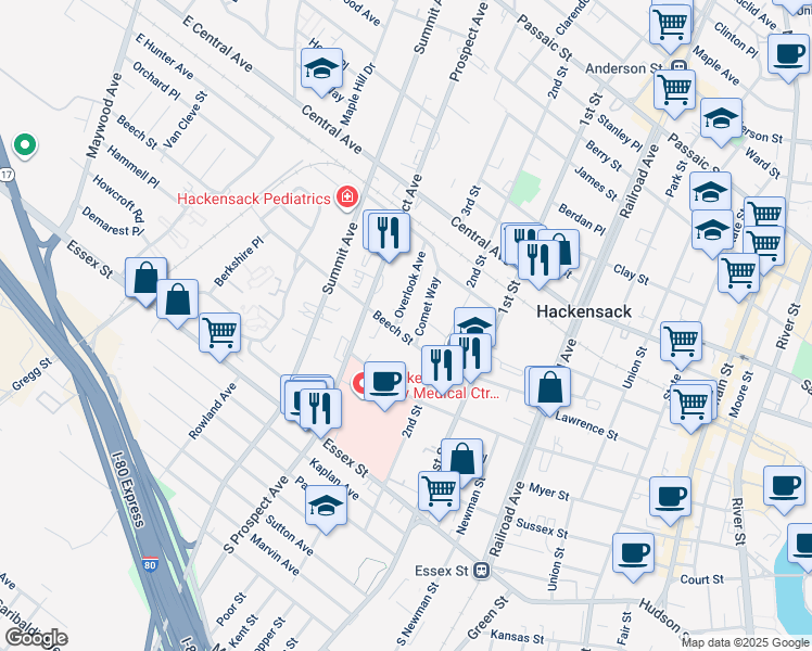 map of restaurants, bars, coffee shops, grocery stores, and more near 130 Overlook Avenue in Hackensack