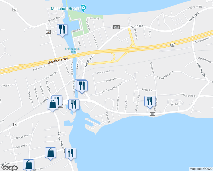 map of restaurants, bars, coffee shops, grocery stores, and more near 19 Seneca Drive in Hampton Bays