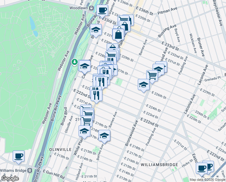 map of restaurants, bars, coffee shops, grocery stores, and more near 721 East 224th Street in Bronx