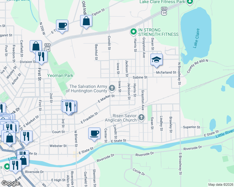 map of restaurants, bars, coffee shops, grocery stores, and more near 1507 East Washington Street in Huntington