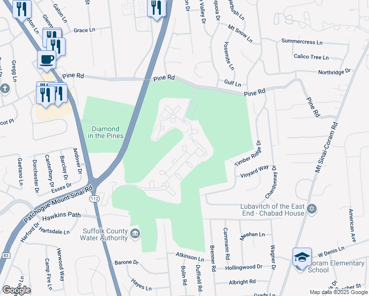 map of restaurants, bars, coffee shops, grocery stores, and more near 2231 New York 112 in Coram