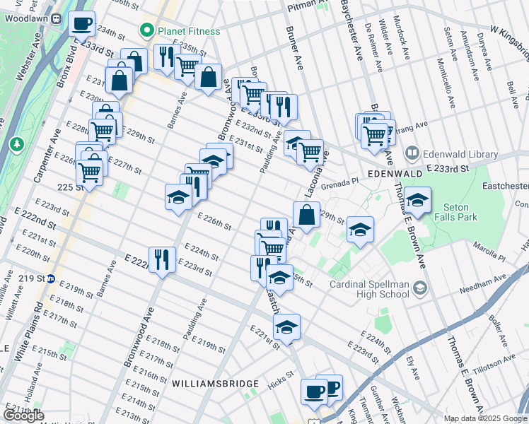 map of restaurants, bars, coffee shops, grocery stores, and more near 1023 East 228th Street in The Bronx