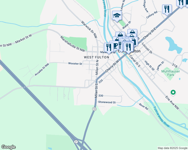 map of restaurants, bars, coffee shops, grocery stores, and more near 264 Milan Street North in Canal Fulton