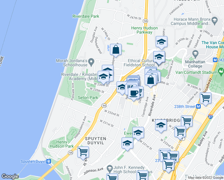 map of restaurants, bars, coffee shops, grocery stores, and more near in The Bronx