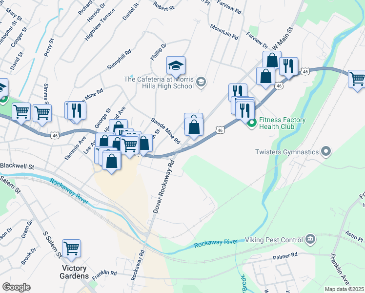 map of restaurants, bars, coffee shops, grocery stores, and more near 497 Rockaway Road in Dover