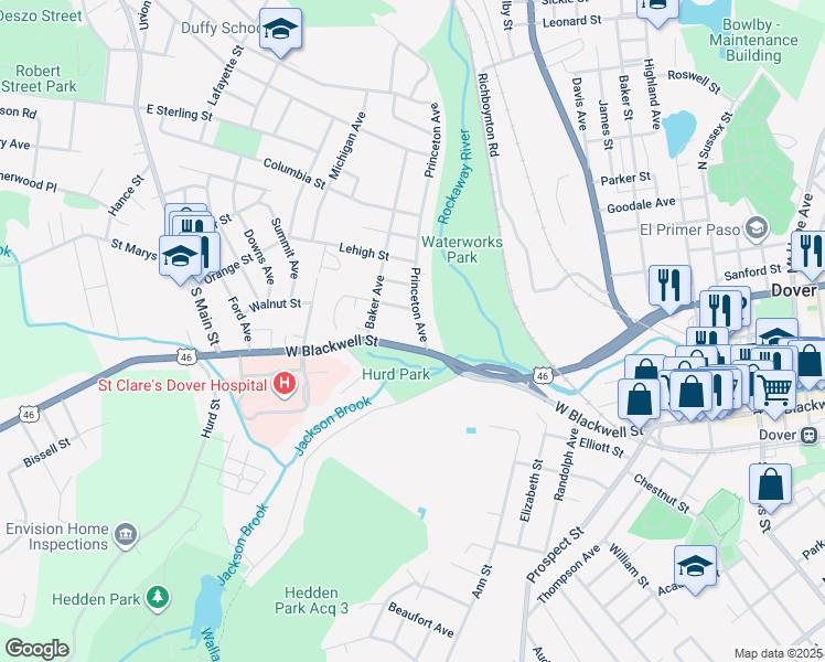 map of restaurants, bars, coffee shops, grocery stores, and more near 23 Princeton Avenue in Dover