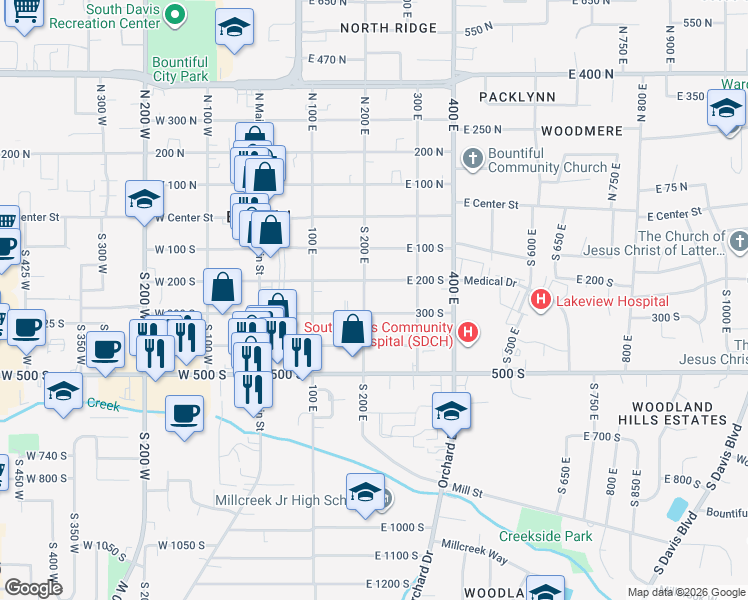 map of restaurants, bars, coffee shops, grocery stores, and more near 200 East 200 South in Bountiful