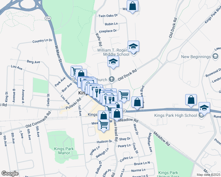 map of restaurants, bars, coffee shops, grocery stores, and more near 70 Church Street in Kings Park