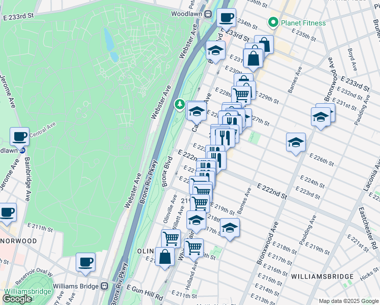 map of restaurants, bars, coffee shops, grocery stores, and more near 3905 Carpenter Avenue in Bronx