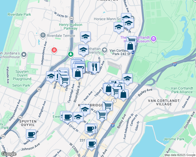 map of restaurants, bars, coffee shops, grocery stores, and more near 3800 Waldo Avenue in Bronx