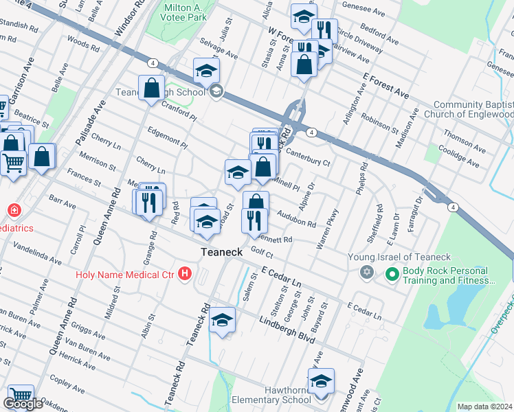 map of restaurants, bars, coffee shops, grocery stores, and more near 932 Commonwealth Drive in Teaneck