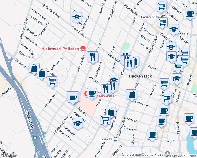 map of restaurants, bars, coffee shops, grocery stores, and more near 310 Beech Street in Hackensack