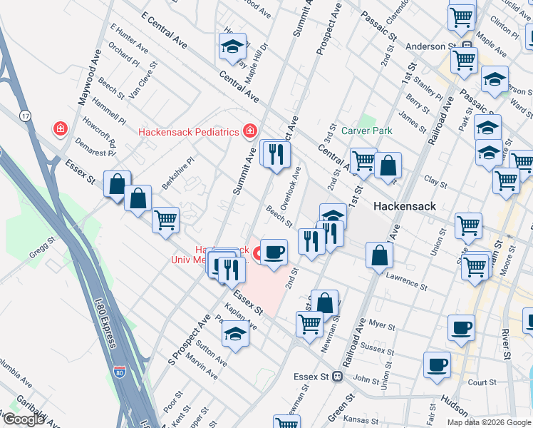 map of restaurants, bars, coffee shops, grocery stores, and more near in Hackensack