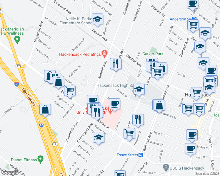 map of restaurants, bars, coffee shops, grocery stores, and more near in Hackensack