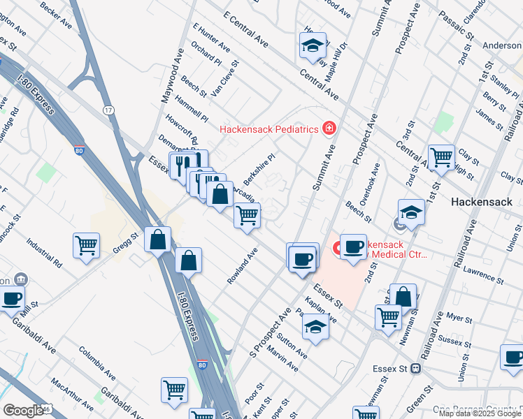 map of restaurants, bars, coffee shops, grocery stores, and more near 40 Arcadia Road in Hackensack