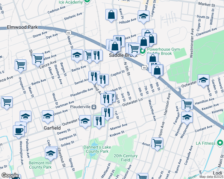 map of restaurants, bars, coffee shops, grocery stores, and more near 289 2nd Street in Saddle Brook