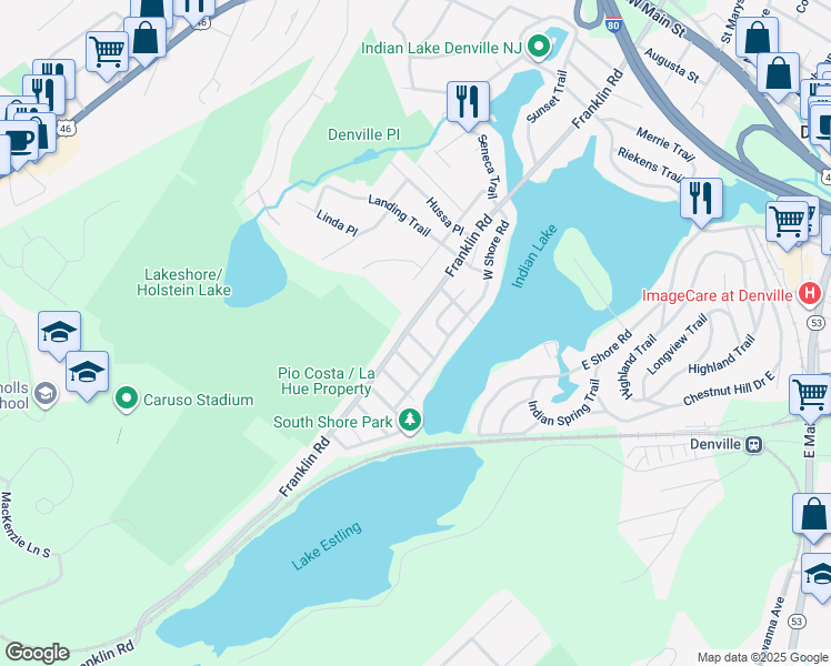 map of restaurants, bars, coffee shops, grocery stores, and more near 23 Huron Place in Denville