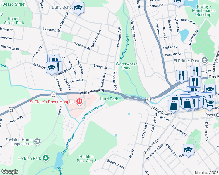 map of restaurants, bars, coffee shops, grocery stores, and more near 23 Princeton Avenue in Dover