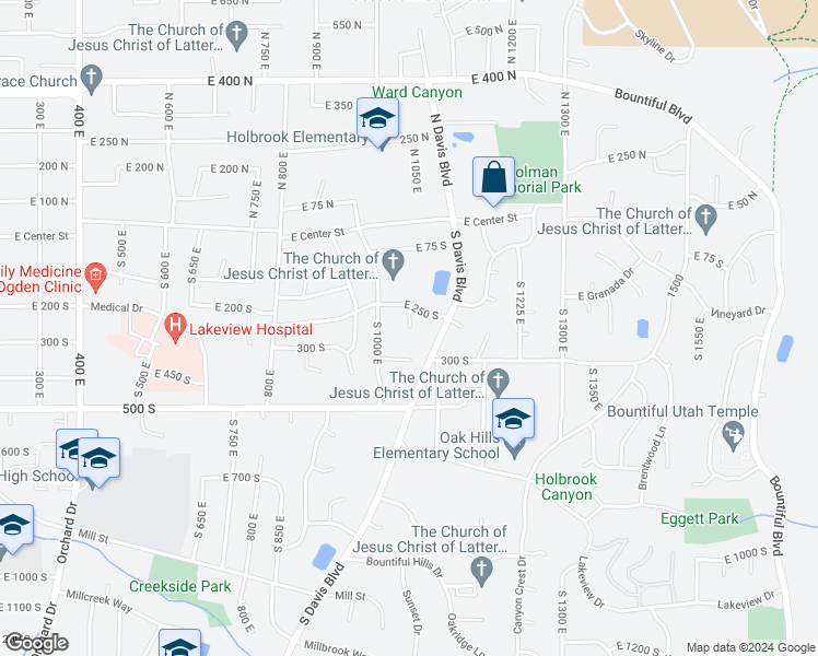 map of restaurants, bars, coffee shops, grocery stores, and more near 286 South Shari Circle in Bountiful