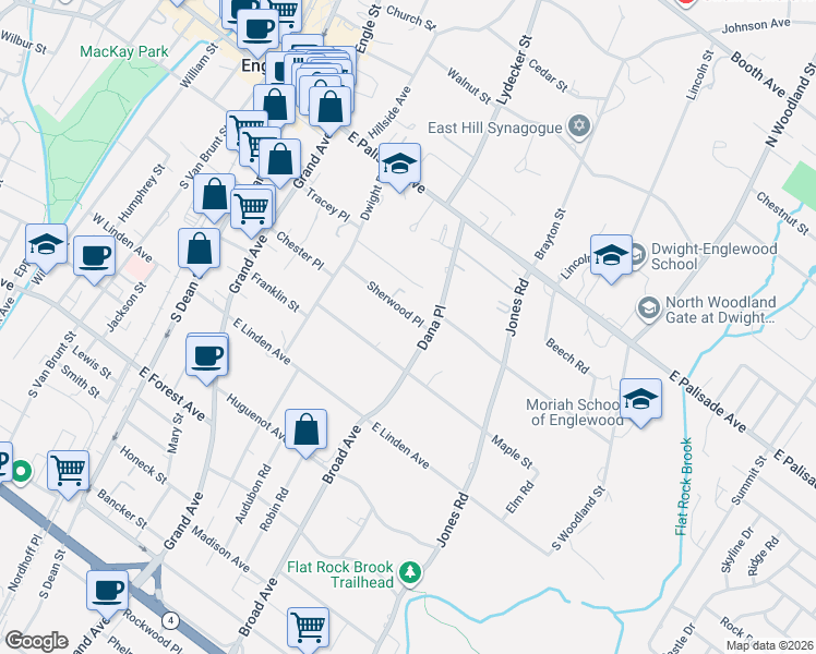 map of restaurants, bars, coffee shops, grocery stores, and more near 92 Dana Place in Englewood