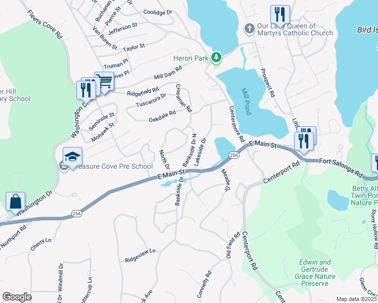map of restaurants, bars, coffee shops, grocery stores, and more near 17 Bankside Drive North in Centerport