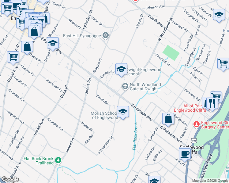 map of restaurants, bars, coffee shops, grocery stores, and more near 315 East Palisade Avenue in Englewood