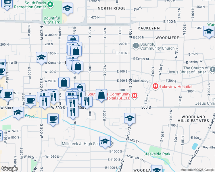 map of restaurants, bars, coffee shops, grocery stores, and more near 200 East 200 South in Bountiful