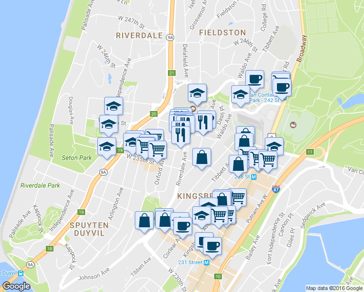 map of restaurants, bars, coffee shops, grocery stores, and more near 3727 Fieldston Road in Bronx
