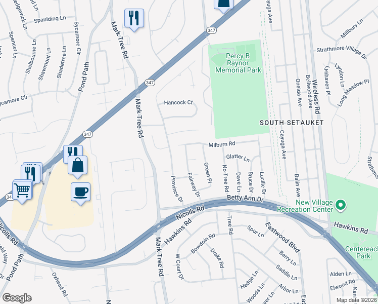 map of restaurants, bars, coffee shops, grocery stores, and more near 32 Milburn Road in Centereach