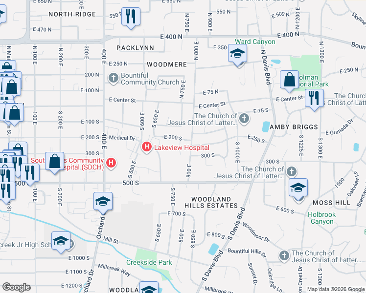 map of restaurants, bars, coffee shops, grocery stores, and more near 233 South 750 East in Bountiful