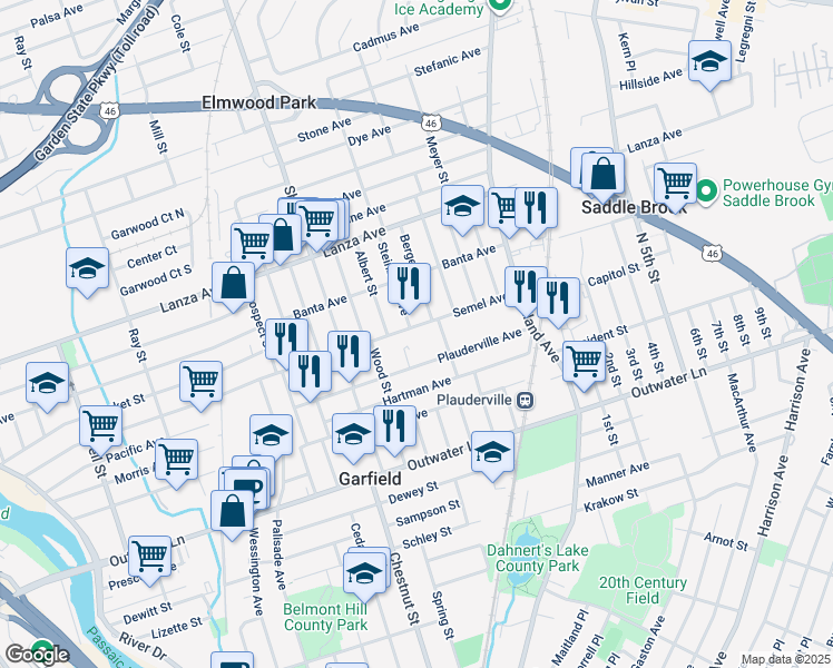 map of restaurants, bars, coffee shops, grocery stores, and more near 336 Semel Avenue in Garfield