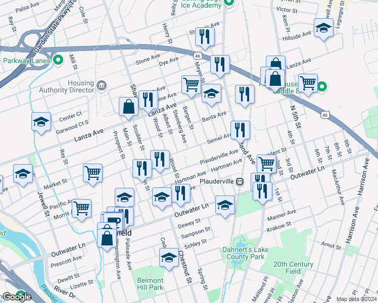 map of restaurants, bars, coffee shops, grocery stores, and more near 336 Semel Avenue in Garfield