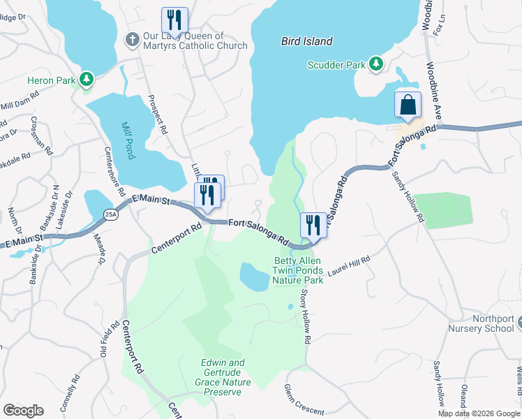 map of restaurants, bars, coffee shops, grocery stores, and more near 1 Bull Calf Ln in Centerport