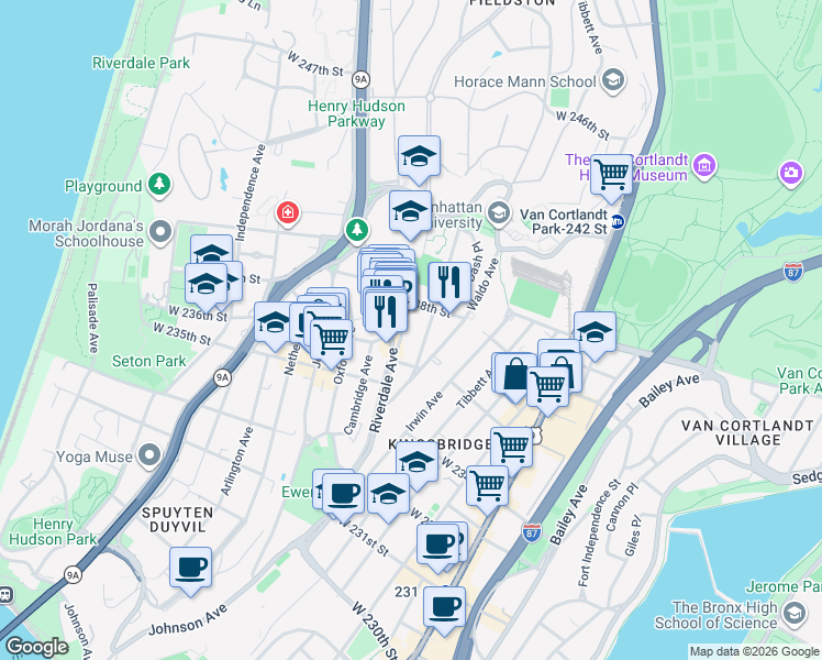 map of restaurants, bars, coffee shops, grocery stores, and more near 3539 Riverdale Avenue in The Bronx