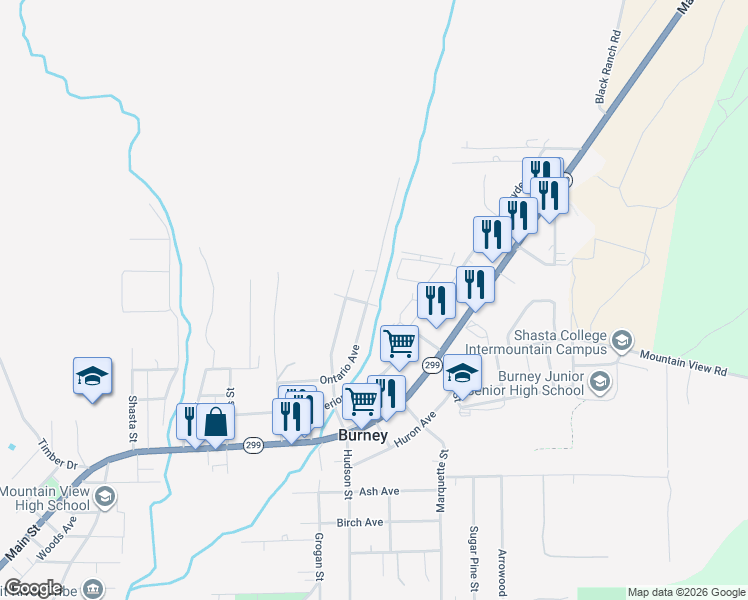 map of restaurants, bars, coffee shops, grocery stores, and more near 20575 Ontario Ave in Burney