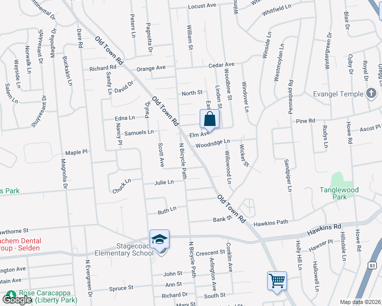 map of restaurants, bars, coffee shops, grocery stores, and more near 22 Woodridge Lane in Coram