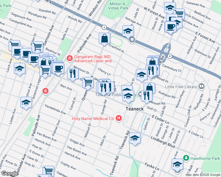 map of restaurants, bars, coffee shops, grocery stores, and more near 120 Merrison Street in Teaneck