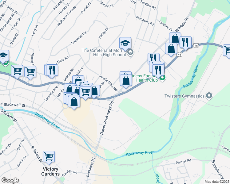 map of restaurants, bars, coffee shops, grocery stores, and more near 630 West Main Street in Rockaway