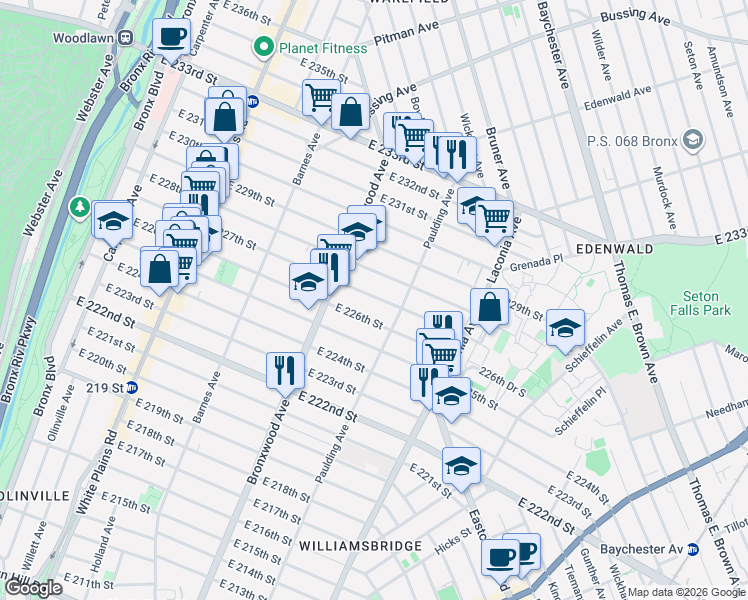 map of restaurants, bars, coffee shops, grocery stores, and more near 946 East 227th Street in The Bronx
