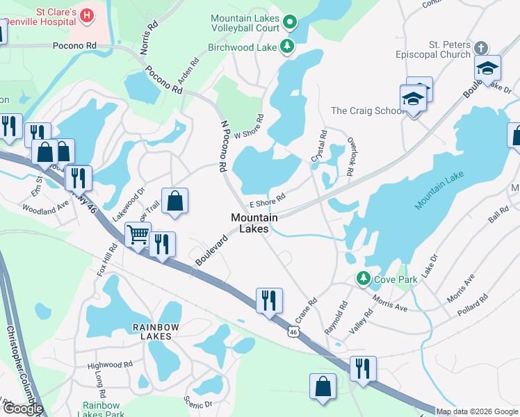map of restaurants, bars, coffee shops, grocery stores, and more near 40 East Shore Road in Mountain Lakes