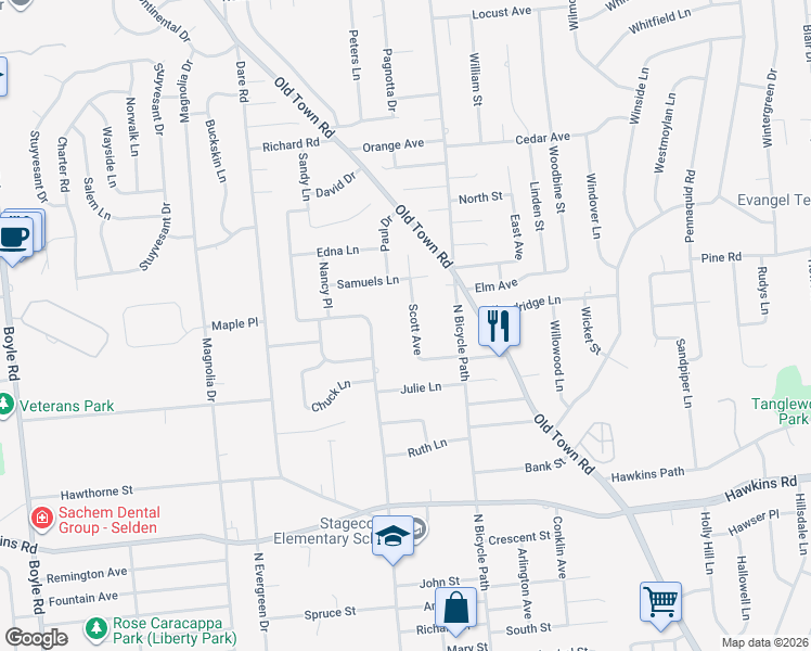 map of restaurants, bars, coffee shops, grocery stores, and more near 17 Scott Avenue in Selden