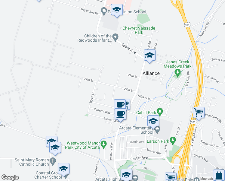 map of restaurants, bars, coffee shops, grocery stores, and more near 2675 Susan Avenue in Arcata