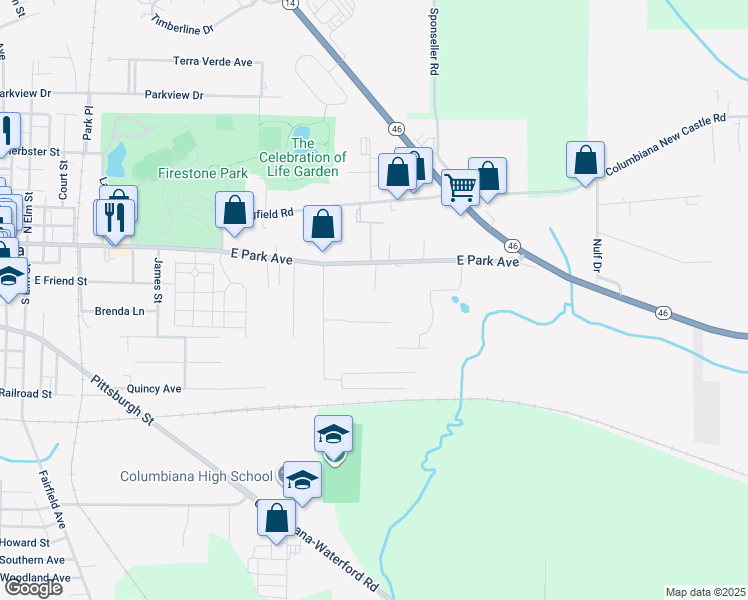 map of restaurants, bars, coffee shops, grocery stores, and more near 771 East Park Avenue in Columbiana