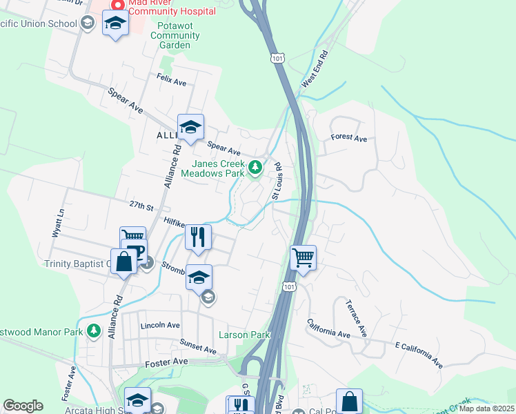 map of restaurants, bars, coffee shops, grocery stores, and more near 2750A Meadow Creek Way in Arcata