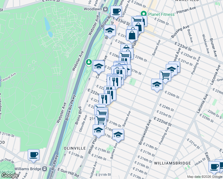 map of restaurants, bars, coffee shops, grocery stores, and more near in The Bronx