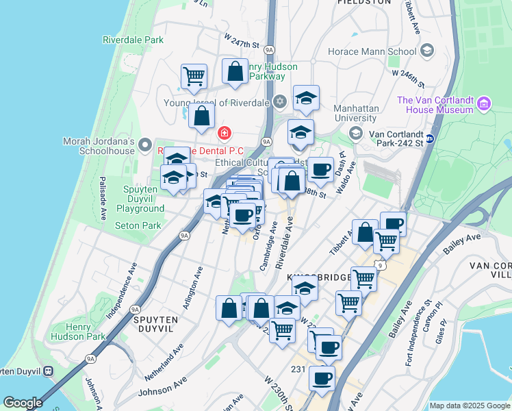 map of restaurants, bars, coffee shops, grocery stores, and more near 3614 Johnson Avenue in Bronx
