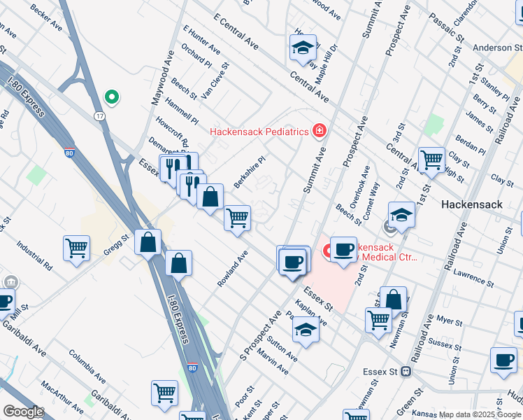 map of restaurants, bars, coffee shops, grocery stores, and more near 40 Arcadia Road in Hackensack