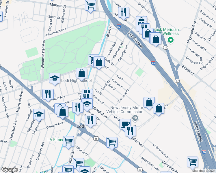 map of restaurants, bars, coffee shops, grocery stores, and more near 51 Avenue D in Lodi